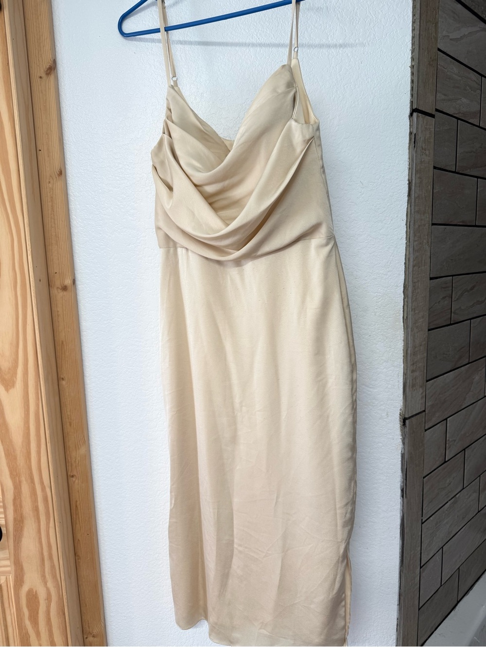 Stacees beige bridesmaid dress